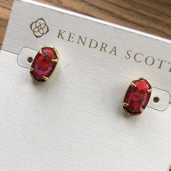 Kendra Scott Grayson Bronze Veined Red Fuchsia Magnesite Stud Earrings NWT - Picture 6 of 14